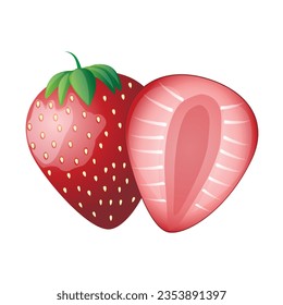 whole garden strawberry and half with juicy pulp