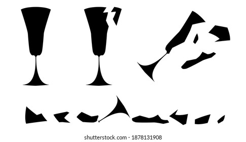 A whole glass, a split glass, shards of a glass. Broken glass. Vector silhouette illustration.