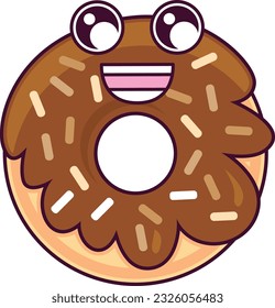 Whole glazed honey biscuit donut Smiling Character with dark chocolate with hazelnut powder. Cheerful mascot of children holiday and coffee party. Simple colored flat vector icon isolated on white