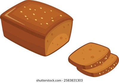 Whole grain bread loaf with sesame seeds and two slices lying nearby, fresh bakery product, vector illustration for recipe book or food blog