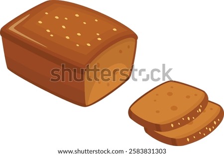Whole grain bread loaf with sesame seeds and two slices lying nearby, fresh bakery product, vector illustration for recipe book or food blog