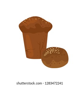 Whole grain bread, rye bun for hamburger . Hand drawing vector illustration on background for poster, card, print, badge, packaging, menu bakery