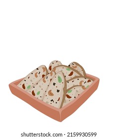 Whole grain, nut and seed biscuits in square plate on white background. Organic product, Homemade cookies and cafe snack. Grains brittle hand drawing vector illustration. Anime food. Cafe decoration 