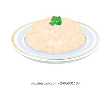 Whole grain rice with parsley on a plate vector illustration. A scoop of cooked rice on a plate icon vector isolated on a white background. Brown rice staple food drawing