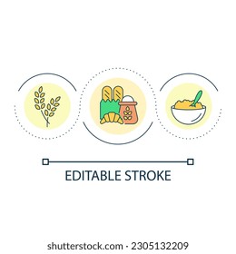 Whole grain rich foods loop concept icon. Wheat based products abstract idea thin line illustration. Eating bread and oatmeal. Isolated outline drawing. Editable stroke. Arial font used