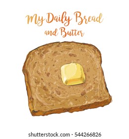 whole grain Sliced Brown bread with a pat of butter isolated on white background top view vector illustration isolated