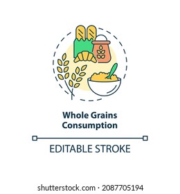 Icono de concepto de consumo de granos enteros. Ilustración en línea delgada de ideas abstractas de dieta por embarazo. Reducción del riesgo de diabetes. Alto consumo de alimentos de fibra. Dibujo de color de contorno aislado del vector. Trazo editable