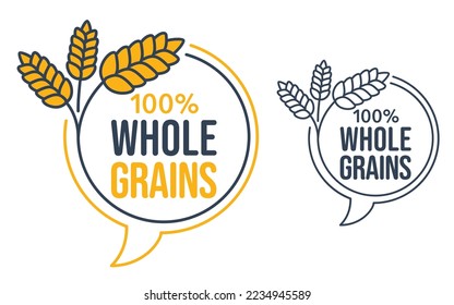 Whole Grains - flat decorative badge for cereals, healthy and dietary food labeling. Thin line circle with vector spikes