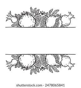Whole granta fruits, pomegranate halves with leaves. Vector botanical frame, black and white illustration in graphic style, hand drawn. Drawing for design of food and cosmetics packaging, postcards