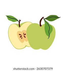 whole green apple and cut in half with foliage. Sliced summer fruit. Farm and agriculture, organic food. Flat vector illustration for packaging, branding, menu, recipe.