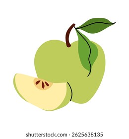 Whole green apple with cut piece and leaves. Sliced summer fruit. Farm and agriculture, organic food. Flat vector illustration for packaging, branding, menu, recipe.