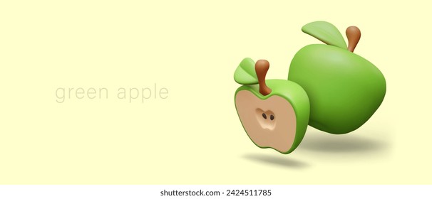 Whole green apple and half. Fresh ripe fruit concept. Juicy natural food