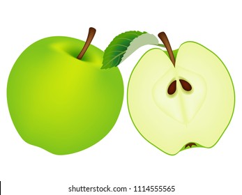 Whole green apple and half isolated on white background.