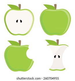 Whole green apple, half apple, apple stump and bitten apple vector set, healthy food, fresh fruit