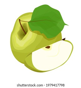 A whole green apple with one leaf and an apple slice next to it. Vector illustration of an apple on a white isolated background.