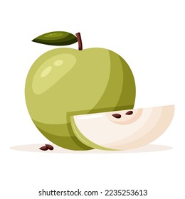 Whole green apple and slice. Flat vector illustration isolated on white background