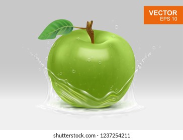Whole green apple with water splash realistic 3D design element. Vitamin and fruits concept illustration 