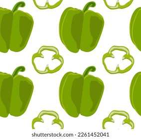 A whole green bell pepper and a pepper cut in half. Seamless pattern in vector. Natural product. For print and background.