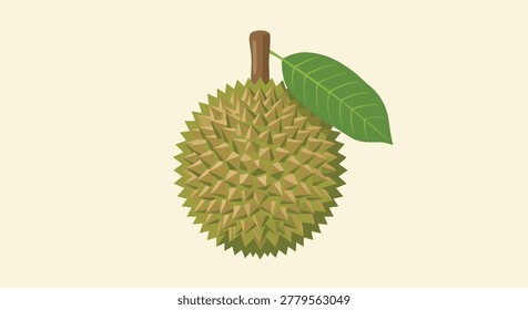 Whole green durian fruit with sharp thorns and a green leaf isolated on a light cream background.