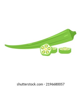 Whole green okra and slices isolated on white background. Abelmoschus esculentus, okro, ochro, bhindi or lady finger icon. Vector vegetables illustration in flat style.