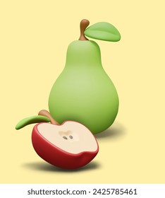 Pera verde entera, mitad manzana roja. Cartel vertical en estilo de dibujos animados