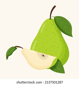 Ganze grüne Birne mit grünem Blatt einzeln auf weißem Hintergrund. Flache Vektorgrafik.
