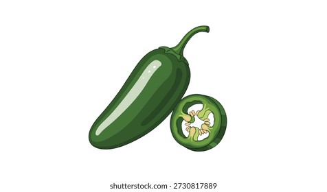 Whole green jalape�o pepper and a single round slice shown together on a white background for spicy food illustration.