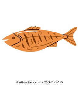Whole grilled fried fish. Vector illustration in a flat style, isolated on a white background