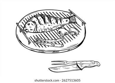 Whole grilled Mediterranean fish on round grill grid, grilling tools line art black ink sketch. Monochrome mullet or sea bream on wire rack, Kitchen accessory vector illustration. BBQ seafood.