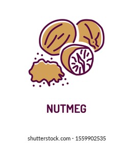 Whole and ground fragrant nutmeg with caption color line icon. Spices, seasoning. Cooking ingredient. Pictogram for web page, mobile app, promo.