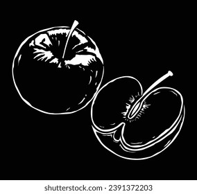 Whole and half apple fruit outline icon.