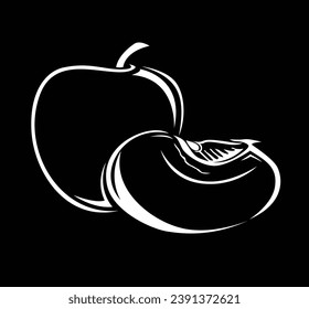 Whole and half apple fruit outline icon.