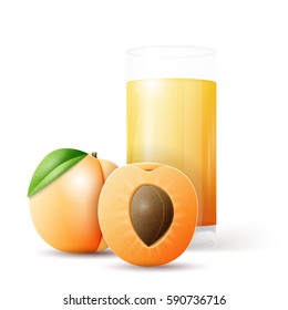 Whole and half apricot and glass of juice. Vector illustration, EPS 10
