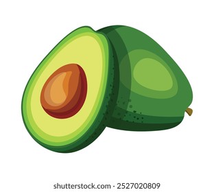 Aguacate entero y medio en estilo de dibujos animados. Ilustración vectorial de mitad fresca y sabrosa y aguacate entero, con hueso aislado sobre fondo blanco. Frutas útiles. Salud. Comida saludable.