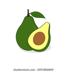 Whole and half avocado fruit vector design illustration. Food icon, drink or juice logo, packaging stickers. Fresh green color. Fruits slices with a large seed. Isolated on white background. 