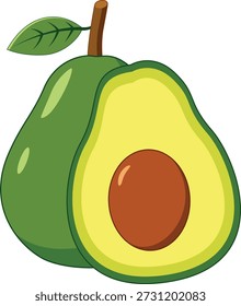 Aguacate entero y medio con hoja en estilo Vector plano. Ideal para la marca de alimentos orgánicos y estilos de vida saludables