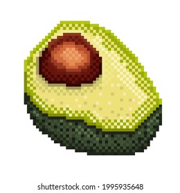 Whole and half avocado pixel art; Isolated green avocados on white background. Vector pixel art.