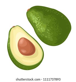 Whole and half avocado with seed. Vector colorf flat illustration for menu, poster. Isolated on white background