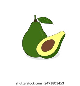 Whole and half avocado vector design. Avocado slice with seed vectors illustration. Leaf green. Fresh green color. Tropical fruit. Fruit logo, Food icon, packaging design, stickers. New version