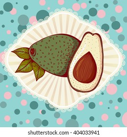 Whole and half avocado. Vector illustration in retro style. Design for cookbook or Vegetarian menu