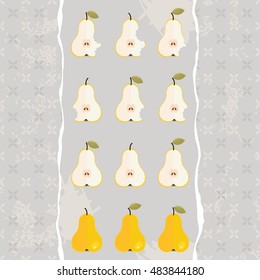 whole half and bitten pears in rows food raw healthy fruit autumn seasonal seamless vertical border with torn piece of paper on light background 