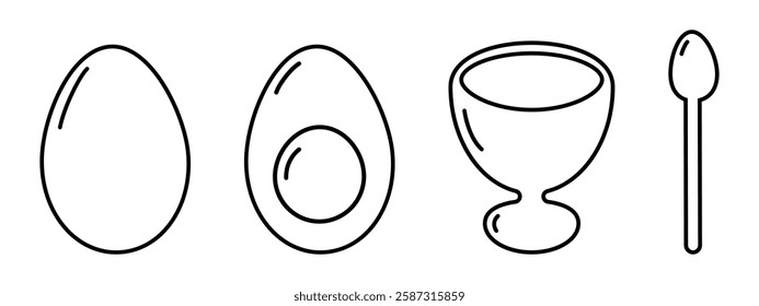 Whole and half boiled egg, egg cup and spoon Minimalist linear icon Egg Day or Breakfast Set element