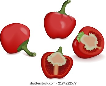 Whole and half of Cherry Pepper for banners, flyers, posters, social media. Pimento. Pimiento. Capsicum annuum. Fresh organic and healthy vegetables. Vector illustration isolated on white background.