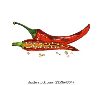 Whole and half chili peppers with seeds. Red cayenne chili pepper. Spicy organic vegetables. Vector hand drawn flavoring Jalapeno illustration isolated on white background.