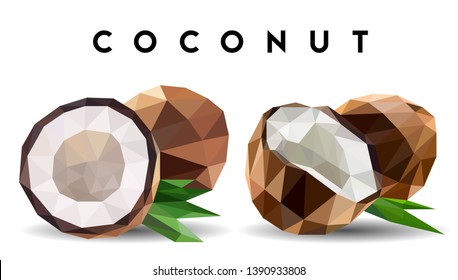 Whole and half coconut on a white background. Abstract illustration of a coconut in low poly style