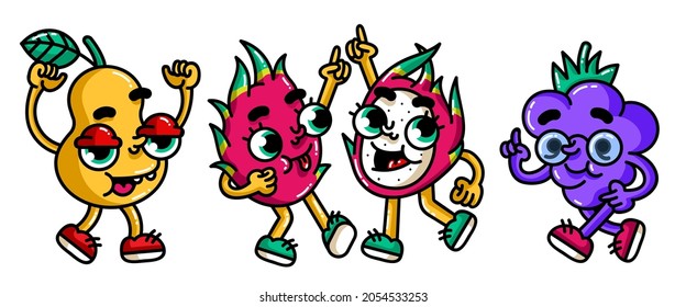 Whole and half dragon, blackberry and pear. Vector flat cartoon color icon with emotions. For menu, poster, label. Isolated on white background. Hand drawn sketch linear comic style
