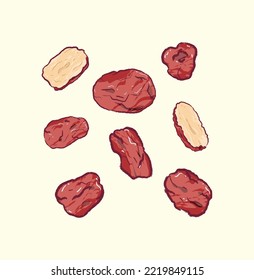 Whole and half dry red dates in flat vector illustration art design