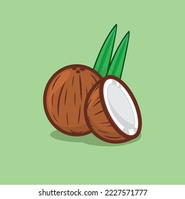 whole and half fresh coconut with pandan leaves.cartoon concept and flat design, vector illustration.suitable as icon, product design, etc