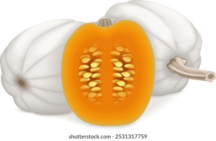 Whole and half of Full Moon pumpkin. Winter squash. Cucurbita maxima. Fruits and vegetables. Isolated vector illustration.