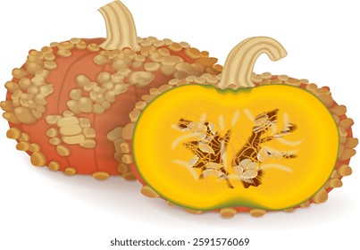 Whole and half of Galeux de Eysines Squash or French Warted Pumpkin. Cucurbita maxima. Fruits and vegetables. Isolated vector illustration.